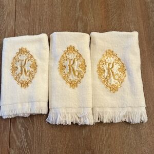 VTG Cannon Monogrammed Initial K Finger Tip Towel Lot Of 3 White With Gold